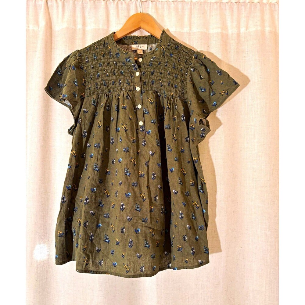 Style & Co Prairie Cottagecore Green Floral Blouse Flutter Sleeve, Size Plus 2X